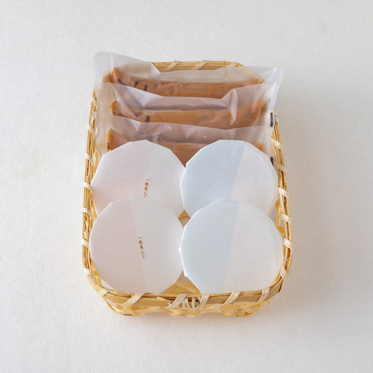 鮎のうた 5個 ・ 水羊羹(大納言小豆) ・ 水羊羹(一粒国産栗入)各2個(竹籠入り)